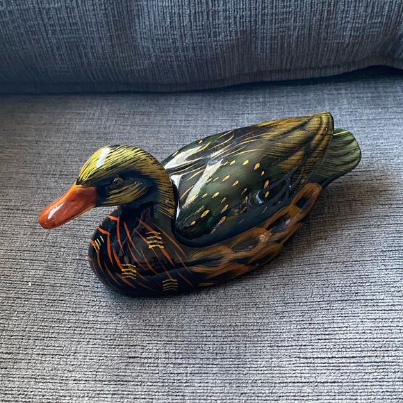 Vintage Ceramic Hand Painted Duck Trinket Box Shiny With Back of Duck the Lid.